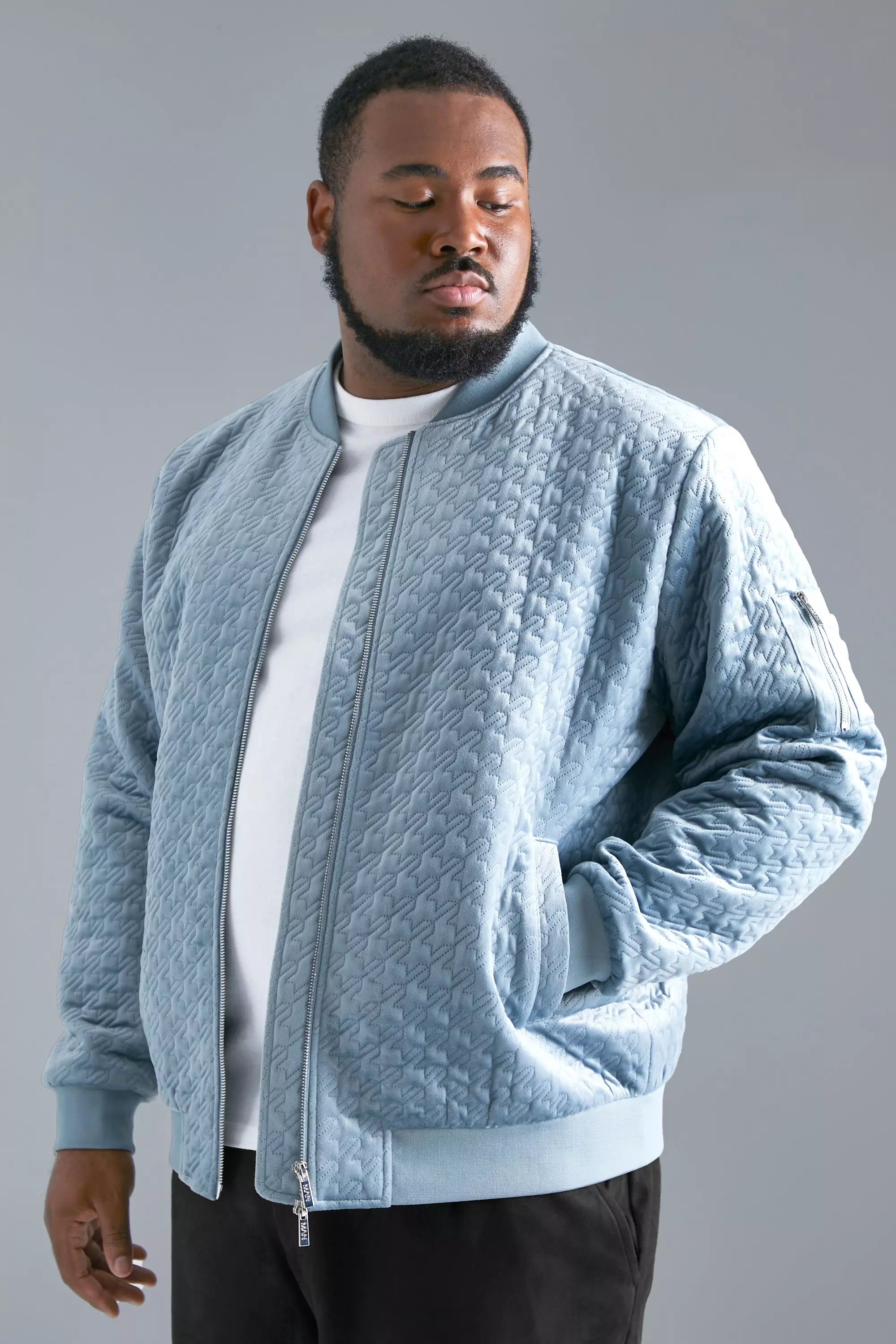 Plus Houndstooth Quilted Velvet Bomber Jacket boohooMAN UK